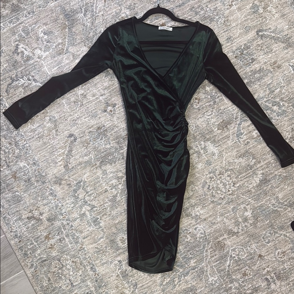 Elegant Velvet Wrap Dress in Deep Green